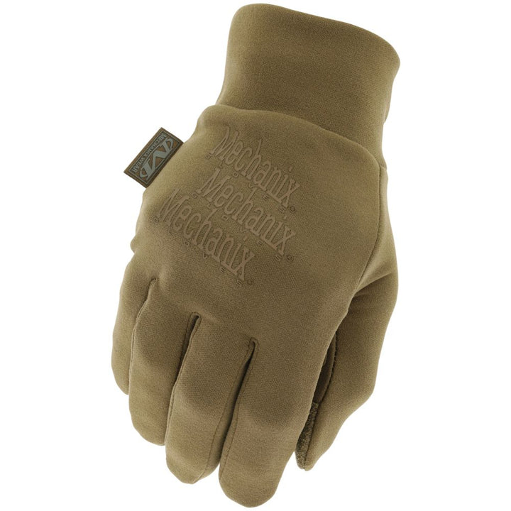Mechanix Wear ColdWork Base Layer glove in Coyote, backhand view showing logo detail.