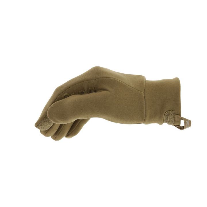 Mechanix Wear ColdWork Base Layer glove in Coyote, side profile closed hand view.