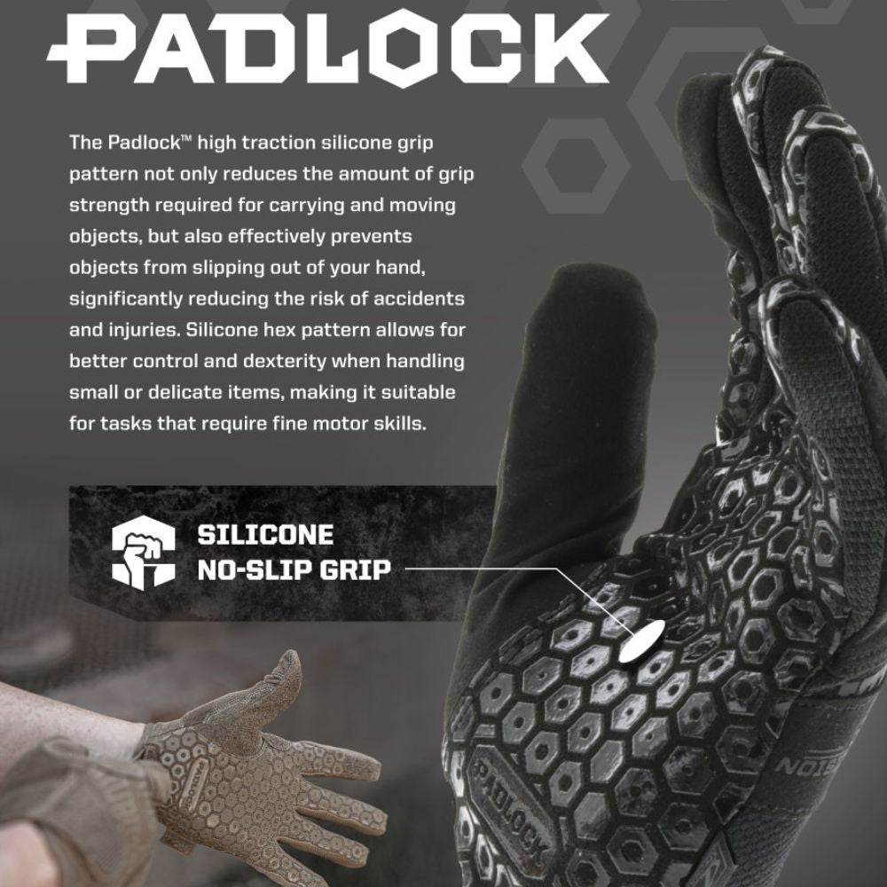Mechanix Wear ColdWork Base Layer Padlock grip detail graphic showing silicone pattern.