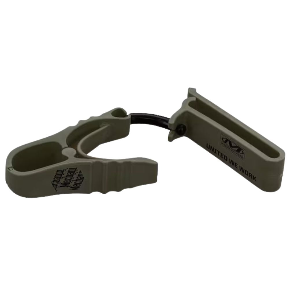 Mechanix glove clip in OD Green, front view showing latch and loop.