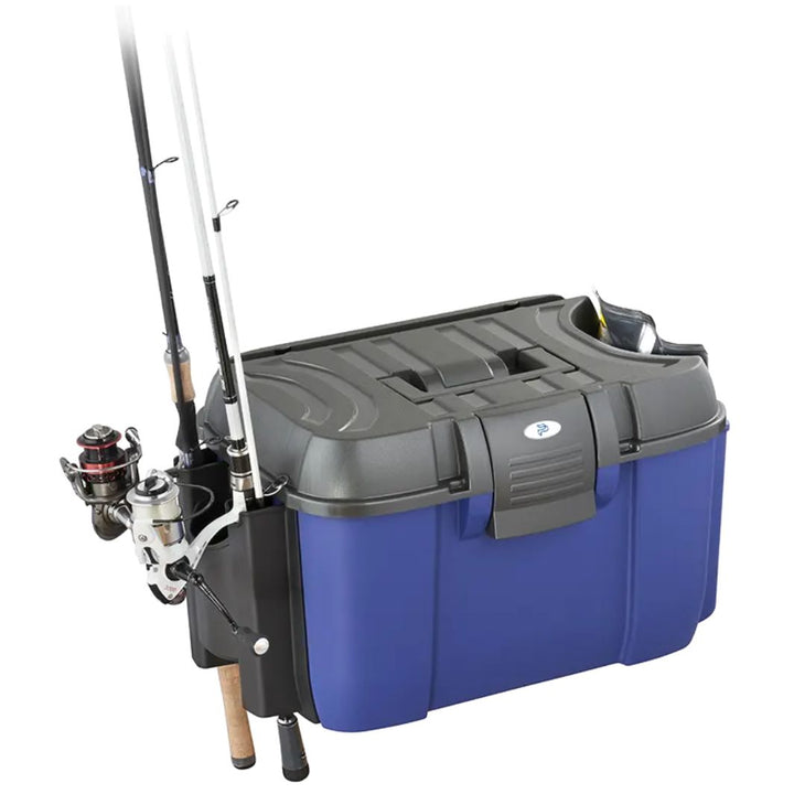 The Panaro 169Rod box with attached fishing rods secured in its side holders, highlighting its convenient rod storage design."