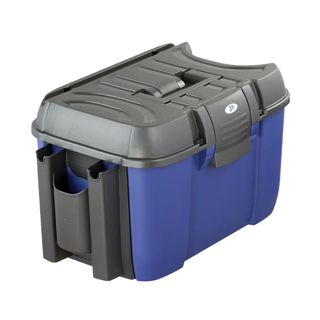 The Panaro 169Rod box with a closed grey lid and blue body, featuring side-mounted holders and a durable carry handle for portability.