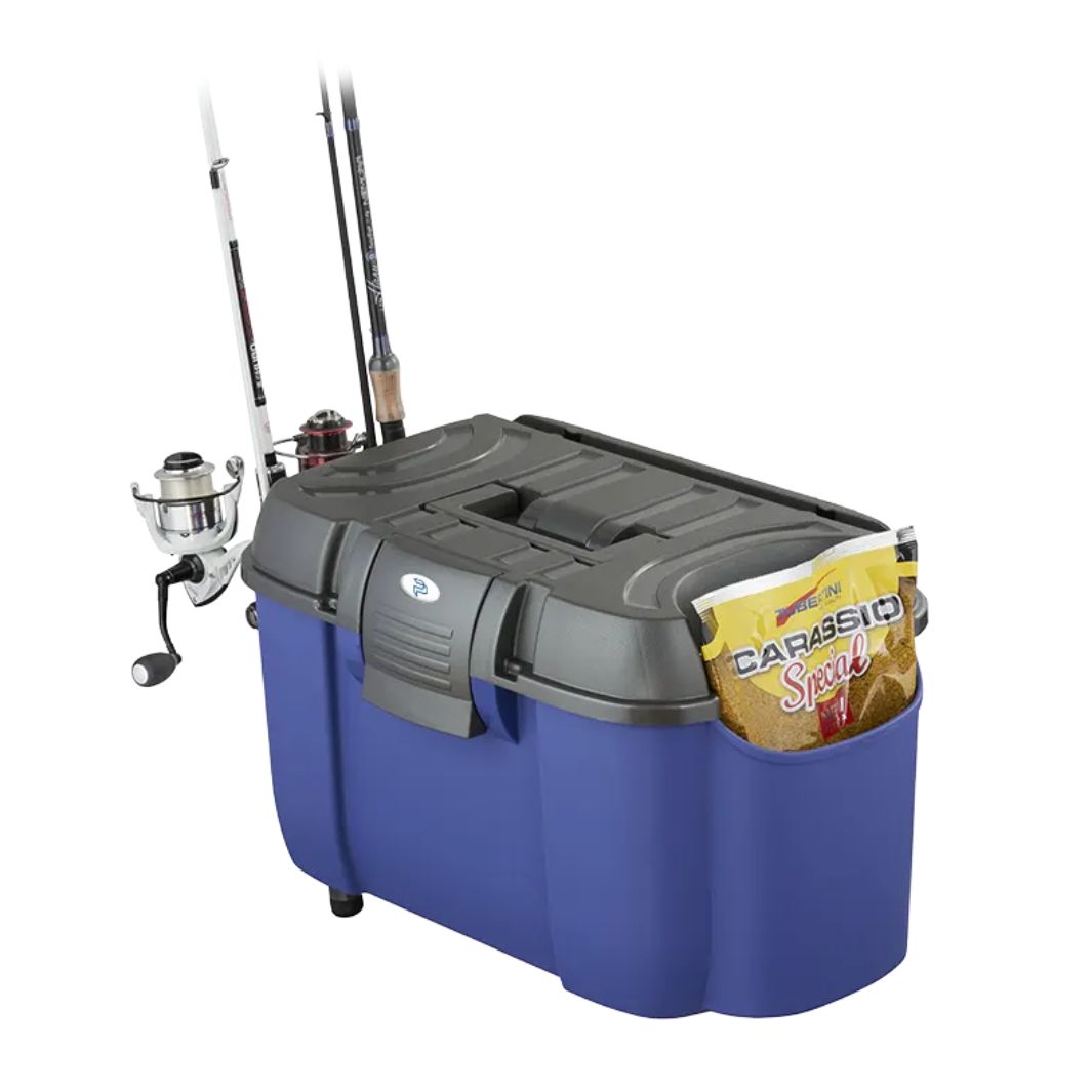 The Panaro 169Rod box with a grey lid and blue body, shown holding fishing rods in its side holders and a package of bait in its external pocket.