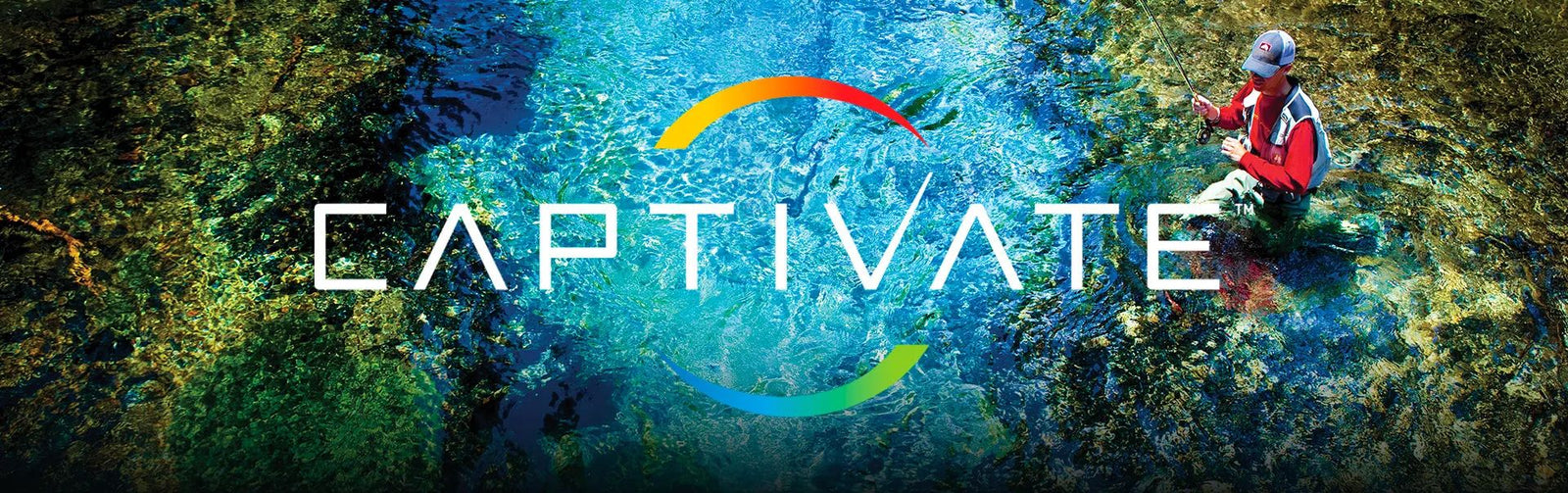 Promotional image for Wiley X Captivate Polarised Lens Technology, featuring a vibrant underwater scene with enhanced colours and a fisherman standing in clear water.