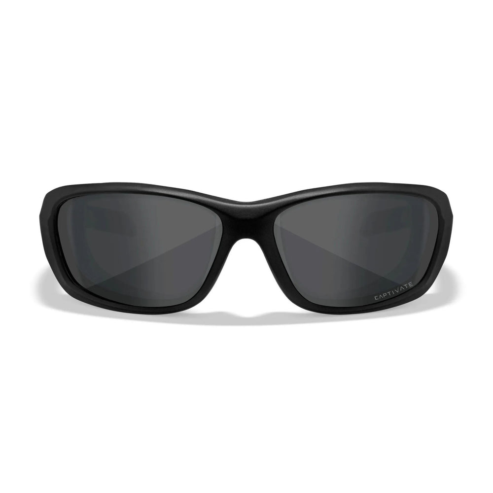 Front view of the Wiley X Gravity Captivate Polarised Grey Sunglasses with dark polarised lenses, highlighting the full-frame matte black design.