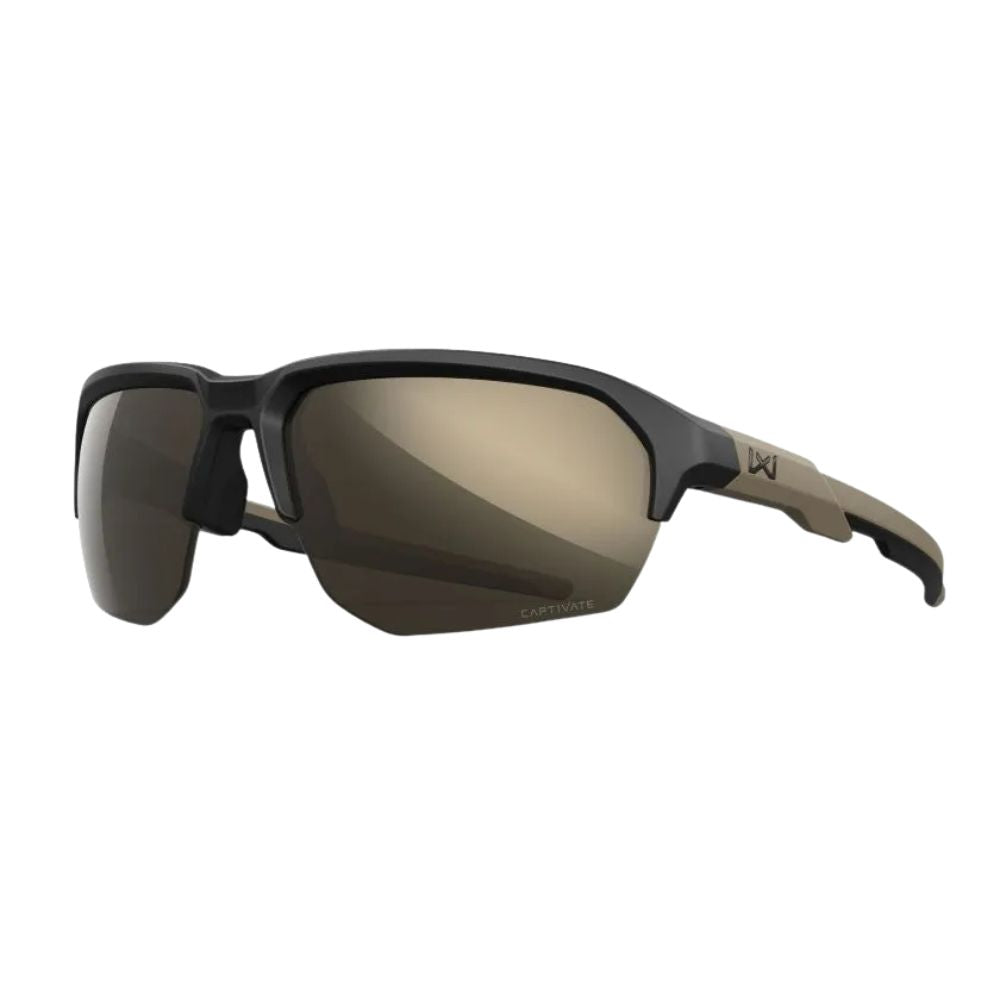 Wiley X JAKL Matte Black frame with CAPTIVATE™ Tungsten Mirror lens angled view