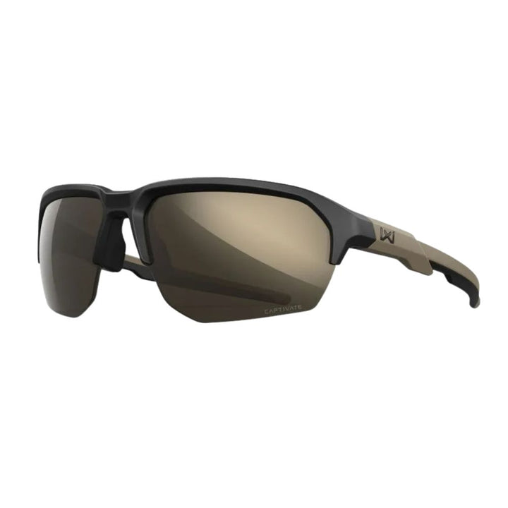 Wiley X JAKL Matte Black frame with CAPTIVATE™ Tungsten Mirror lens angled view