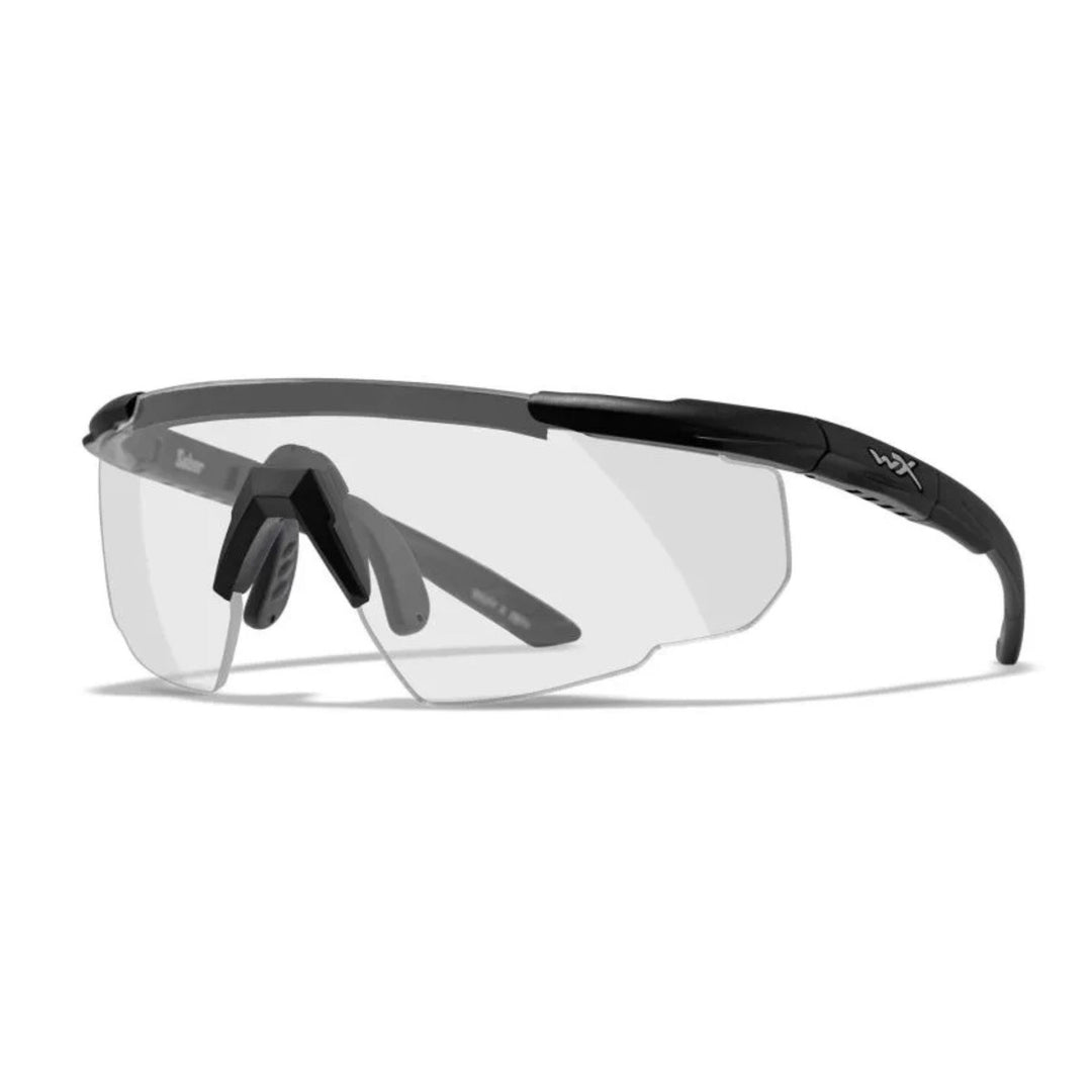 Wiley X Saber Advanced sunglasses with a black frame and clear lens, offering maximum light transmission for indoor or overcast environments.