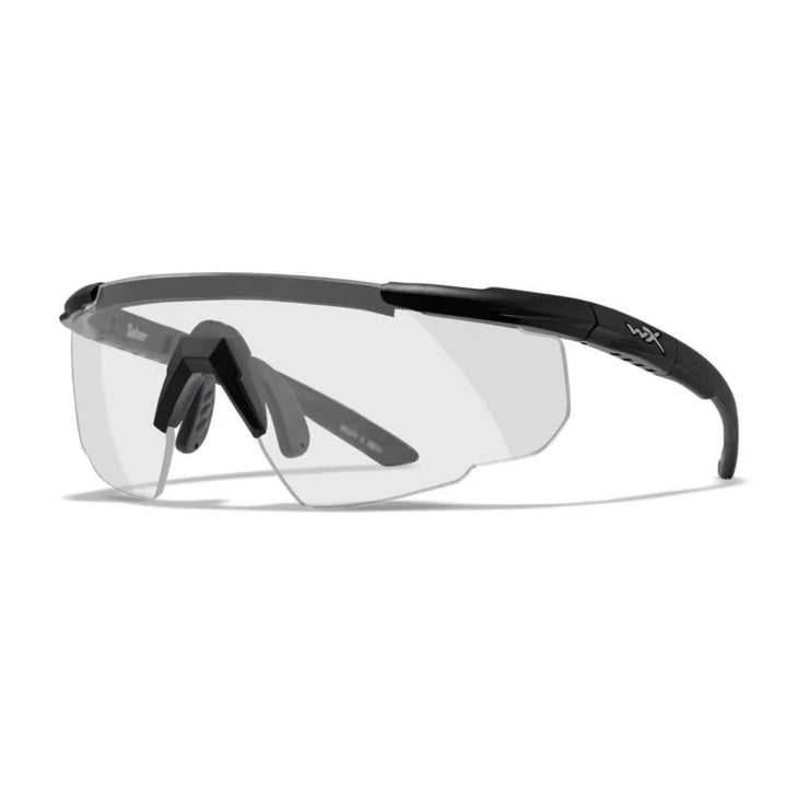 Wiley X Saber Advanced sunglasses with a black frame and clear lens, offering maximum light transmission for indoor or overcast environments.