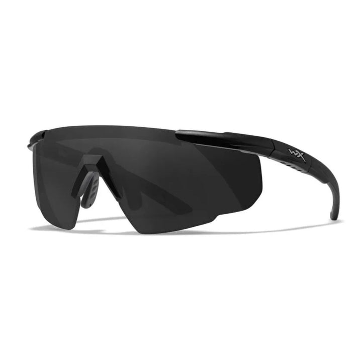 Wiley X Saber Advanced sunglasses with a sleek black frame and grey lens, providing glare reduction and UV protection for outdoor activities.