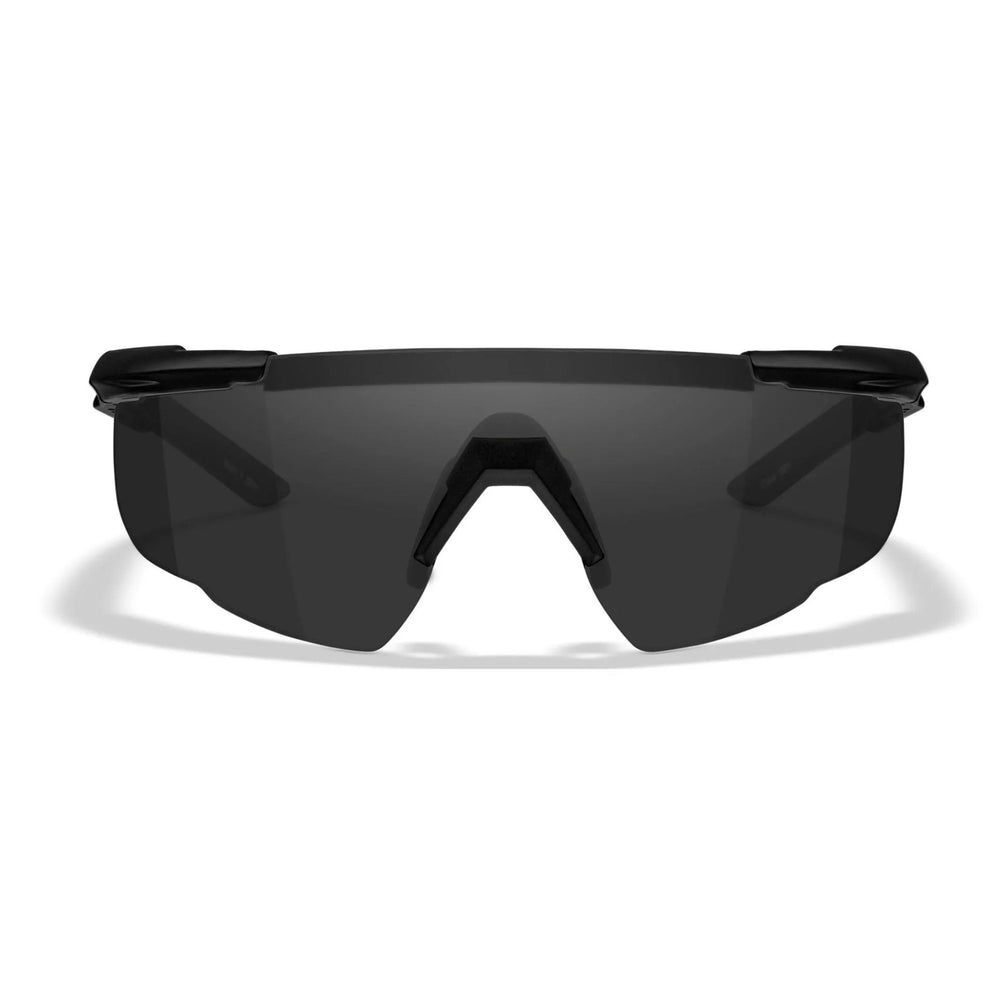 Front view of Wiley X Saber Advanced sunglasses with a black frame and smoke grey lens, highlighting their sleek and durable design.