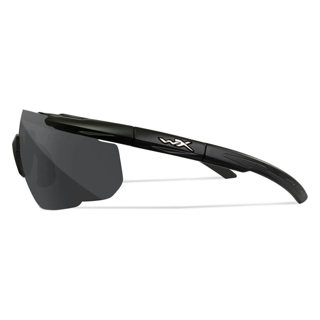 Side view of Wiley X Saber Advanced sunglasses with a black frame and smoke grey lens, showcasing their streamlined profile.