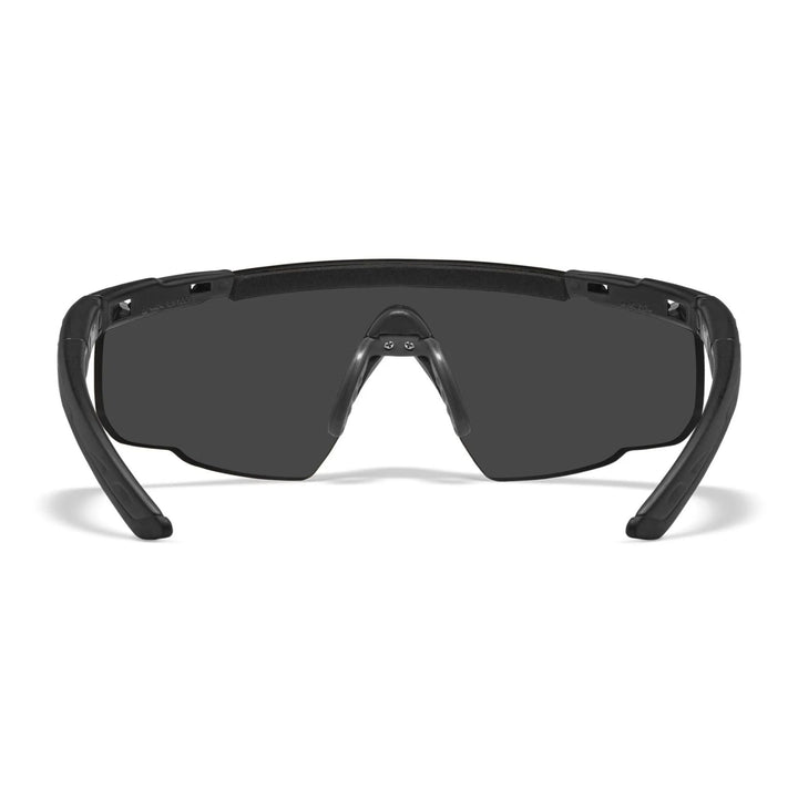 Rear view of Wiley X Saber-Advanced glasses showing durable black frame and comfortable fit for tactical performance.