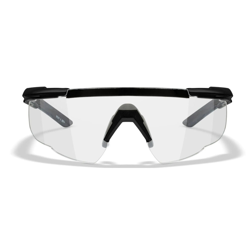 Front view of Wiley X Saber Advanced glasses showcasing the transparent clear lenses and lightweight frame.