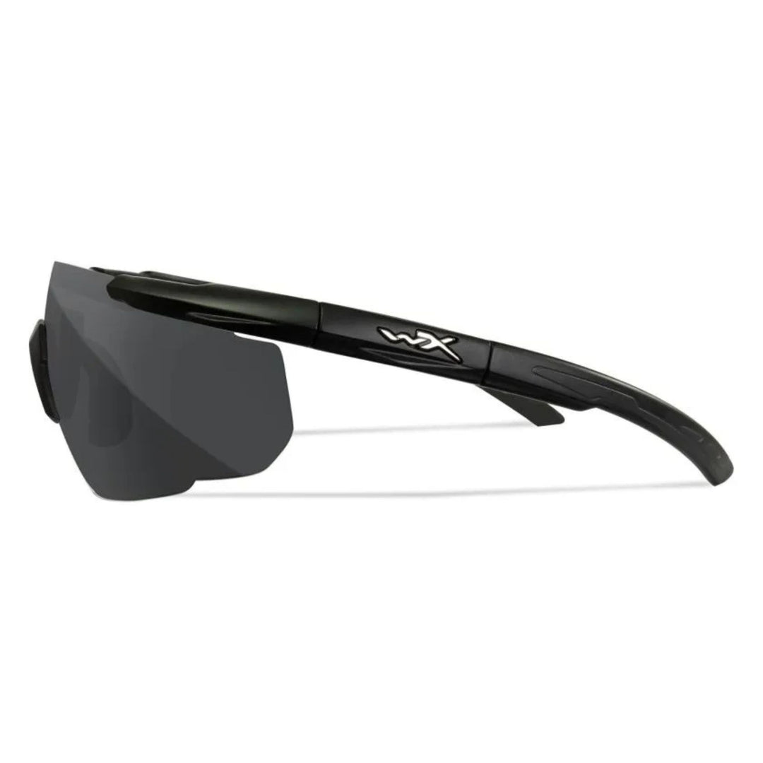 Side view of Wiley X Saber Advanced sunglasses featuring a black frame and grey lens, ideal for bright conditions and active use.