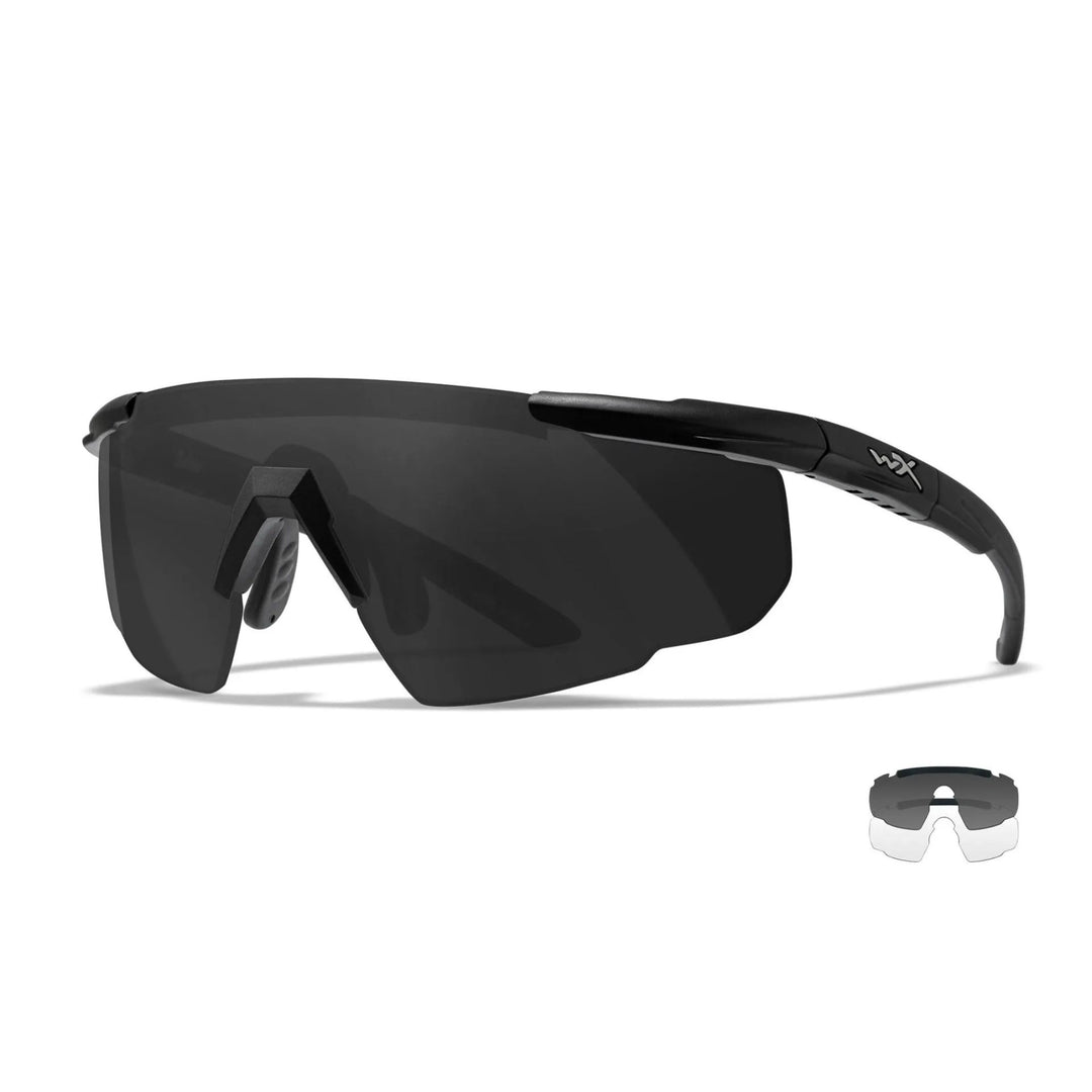 Wiley X Saber Advanced sunglasses with matte black frame and grey lenses, shown from a side angle, highlighting the sleek and lightweight design.