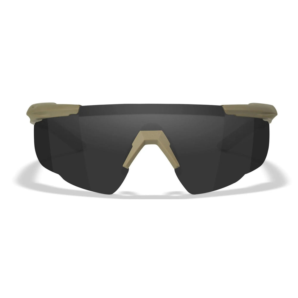 Front view of Wiley X Saber Advanced sunglasses in matte tan with grey lenses, highlighting the semi-rimless frame and large lens coverage.