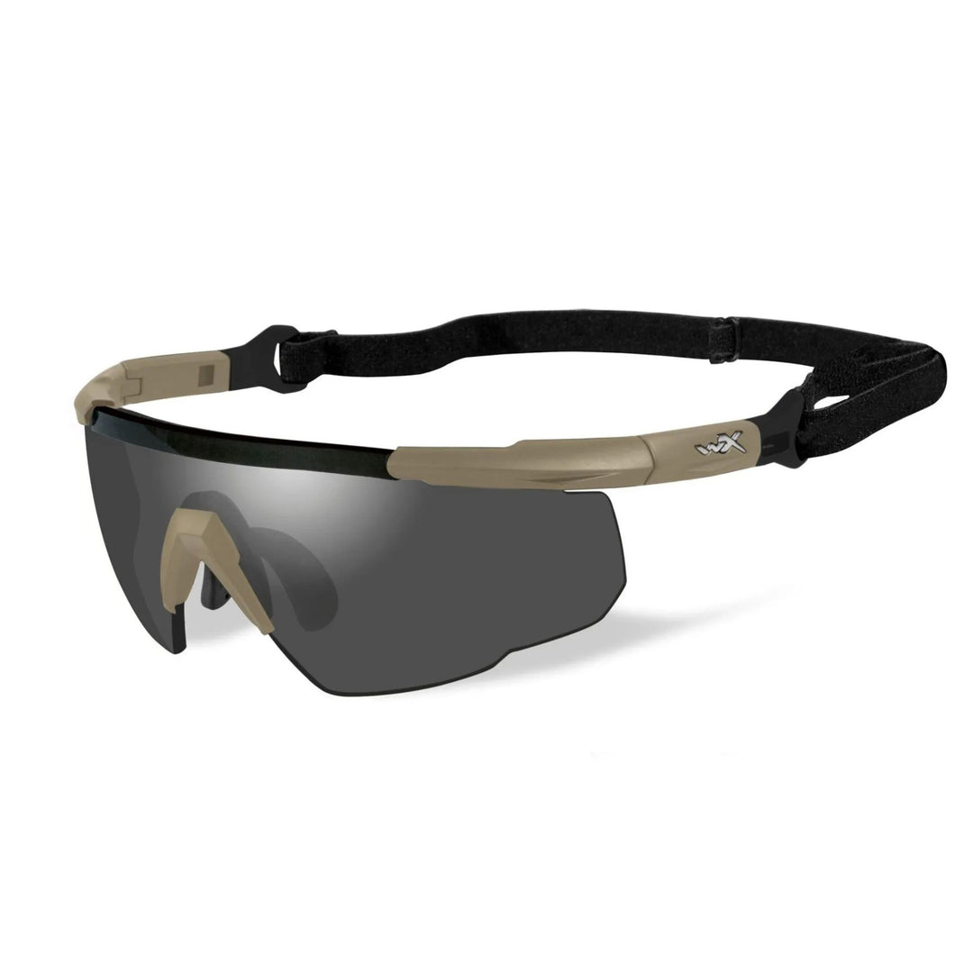 Wiley X Saber Advanced sunglasses in matte tan with an elastic strap for added stability, perfect for tactical and high-intensity activities.