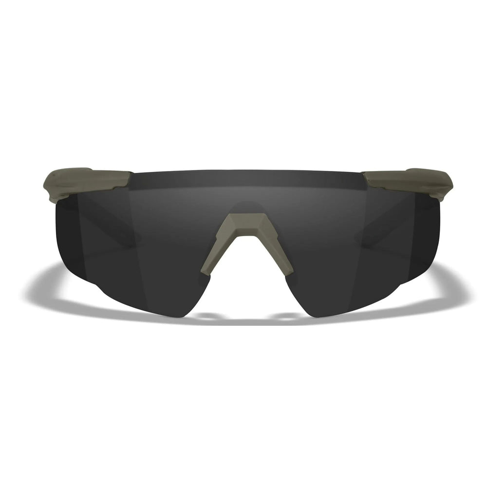 Front view of Wiley X Saber Advanced safety glasses with OD Green frame and smoke grey lens.