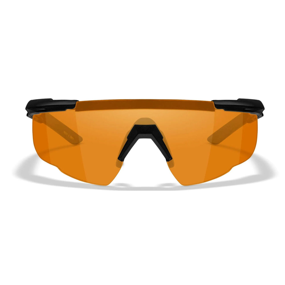 Close-up of the front view of Wiley X Saber-Advanced sunglasses showcasing the orange lens detail.