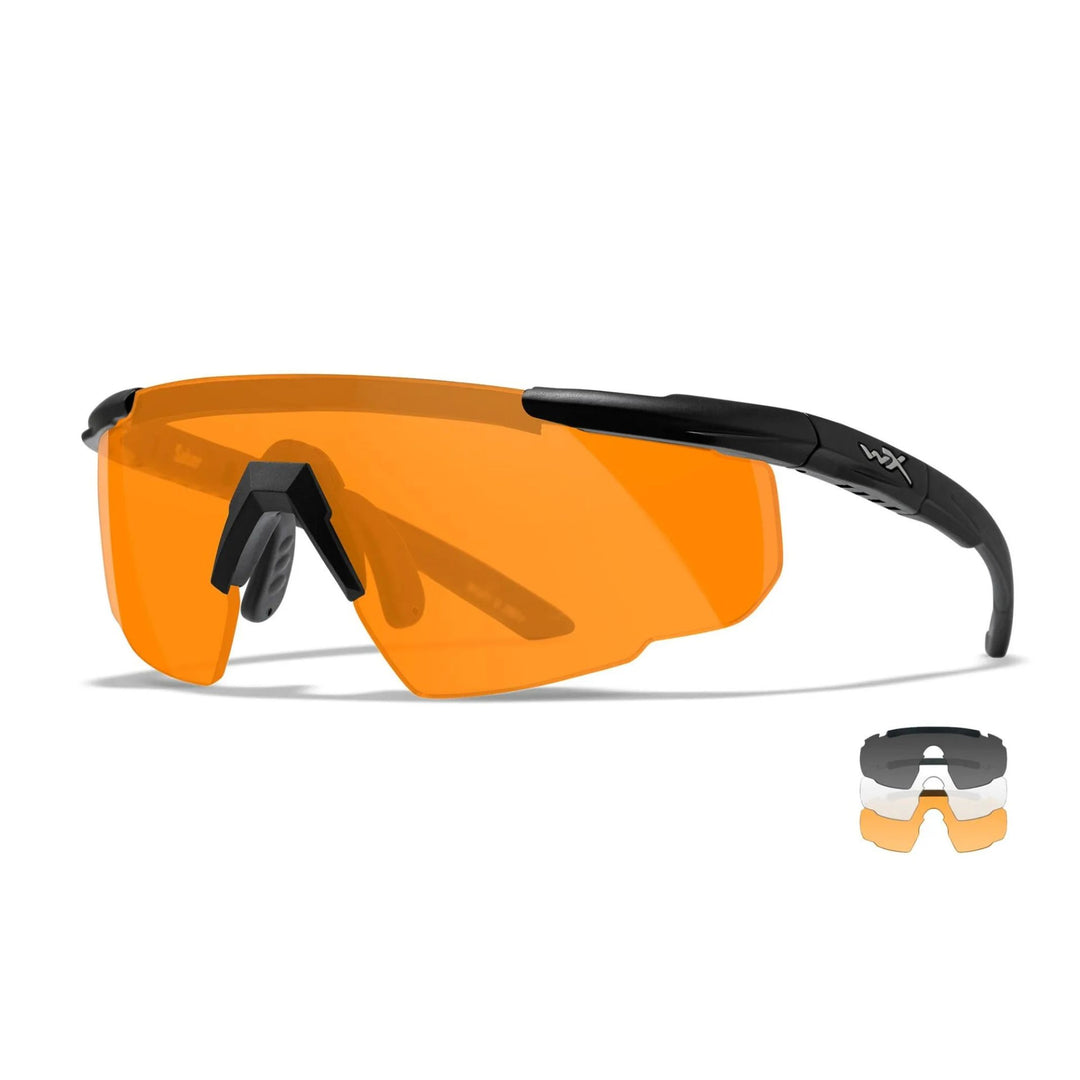 Side view of Wiley X Saber Advanced sunglasses with an orange lens and black frame, perfect for shooting and tactical activities.