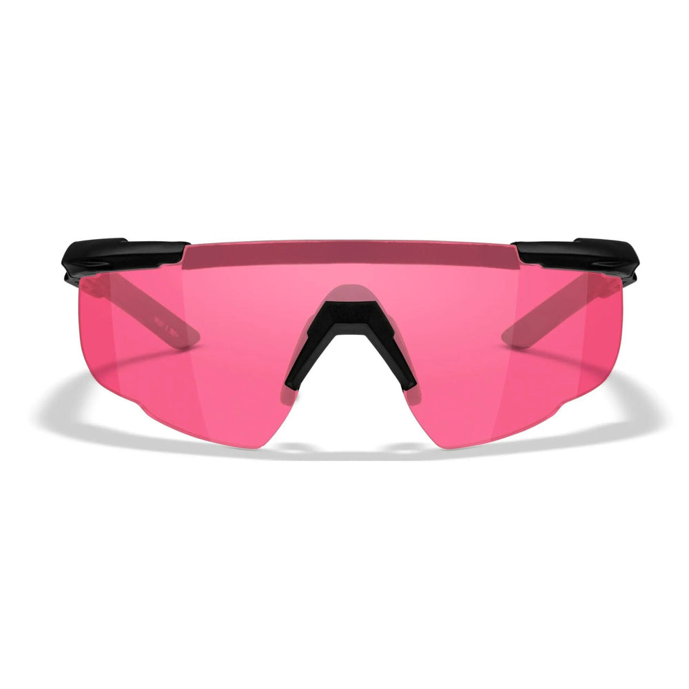 Wiley X Saber Advanced sunglasses with vermilion lenses, highlighting their semi-rimless design and premium eye protection.