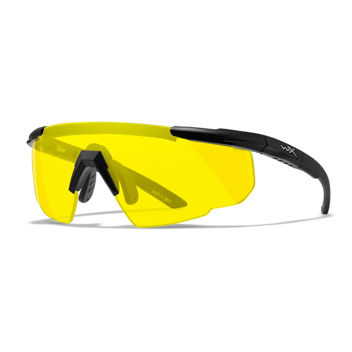 Wiley X Saber-Advanced sunglasses with yellow lenses, angled side view highlighting sleek frame design and advanced lens technology