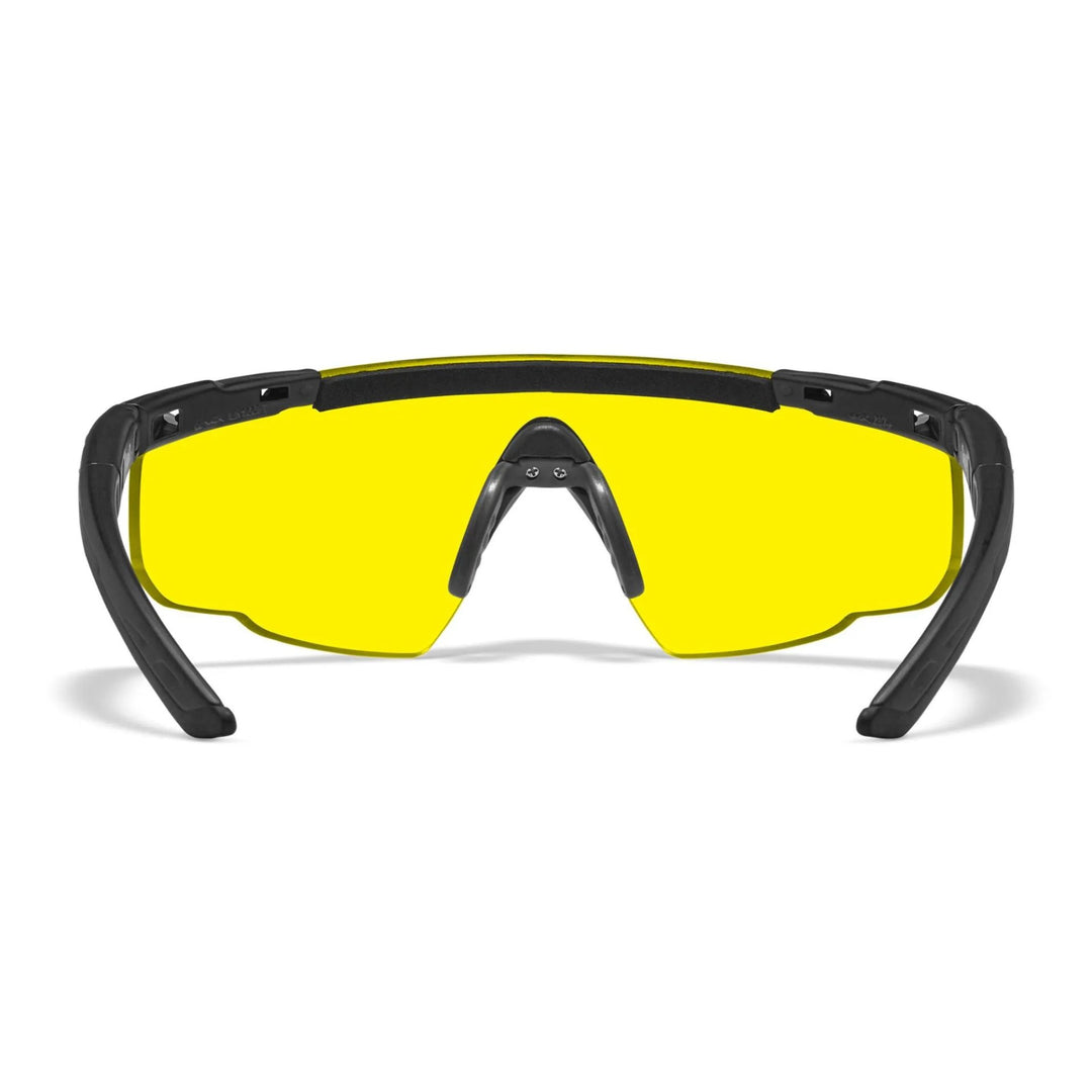 Back view of Wiley X Saber-Advanced sunglasses showing ergonomic frame and durable build, equipped with yellow lenses for improved clarity