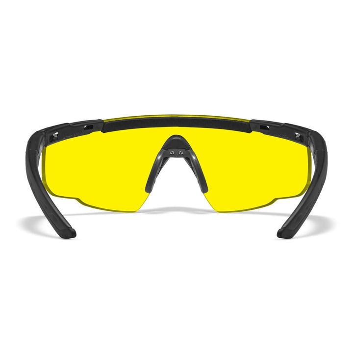 Back view of Wiley X Saber-Advanced sunglasses showing ergonomic frame and durable build, equipped with yellow lenses for improved clarity