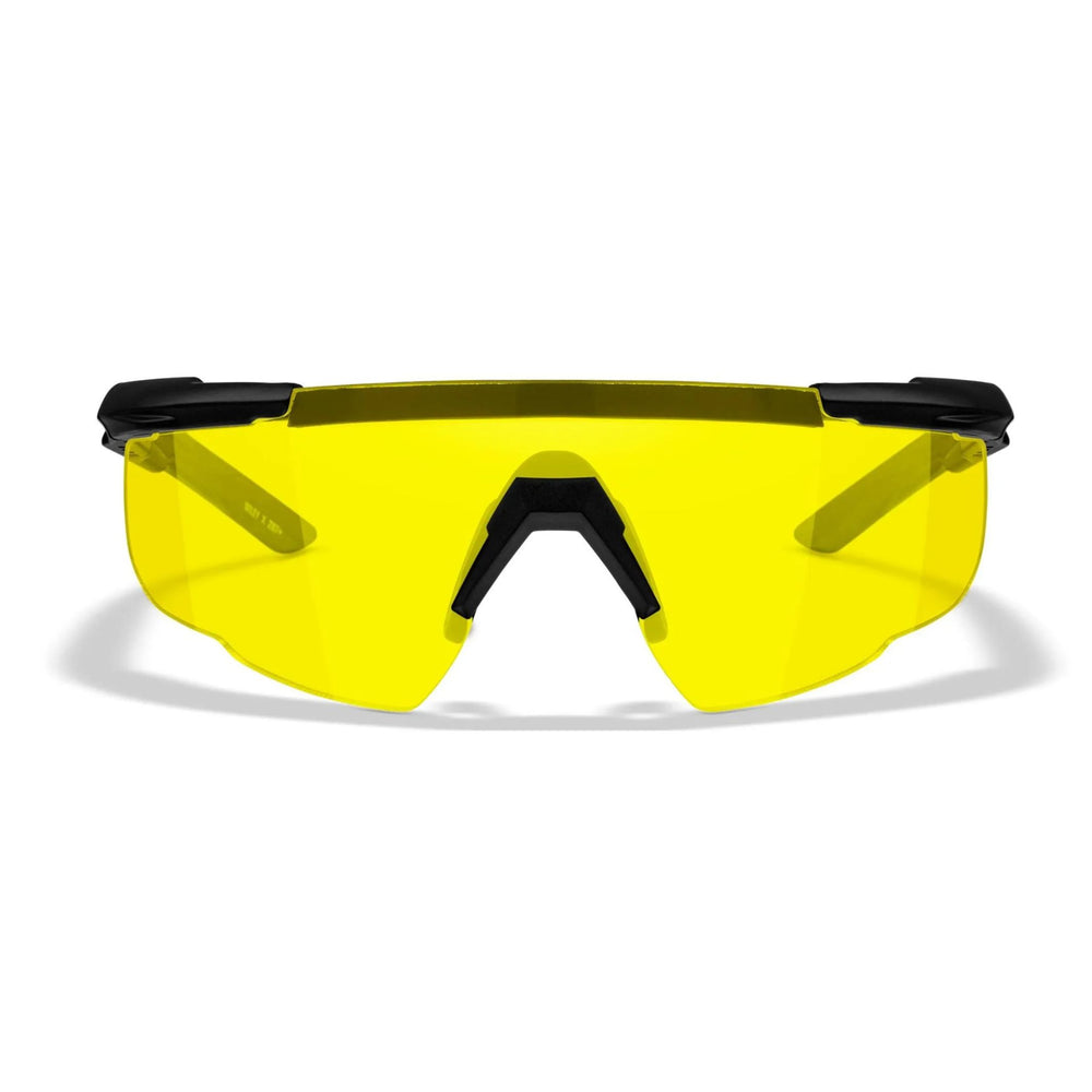 Front view of Wiley X Saber-Advanced sunglasses with vibrant yellow lenses designed for enhanced visibility in low-light conditions