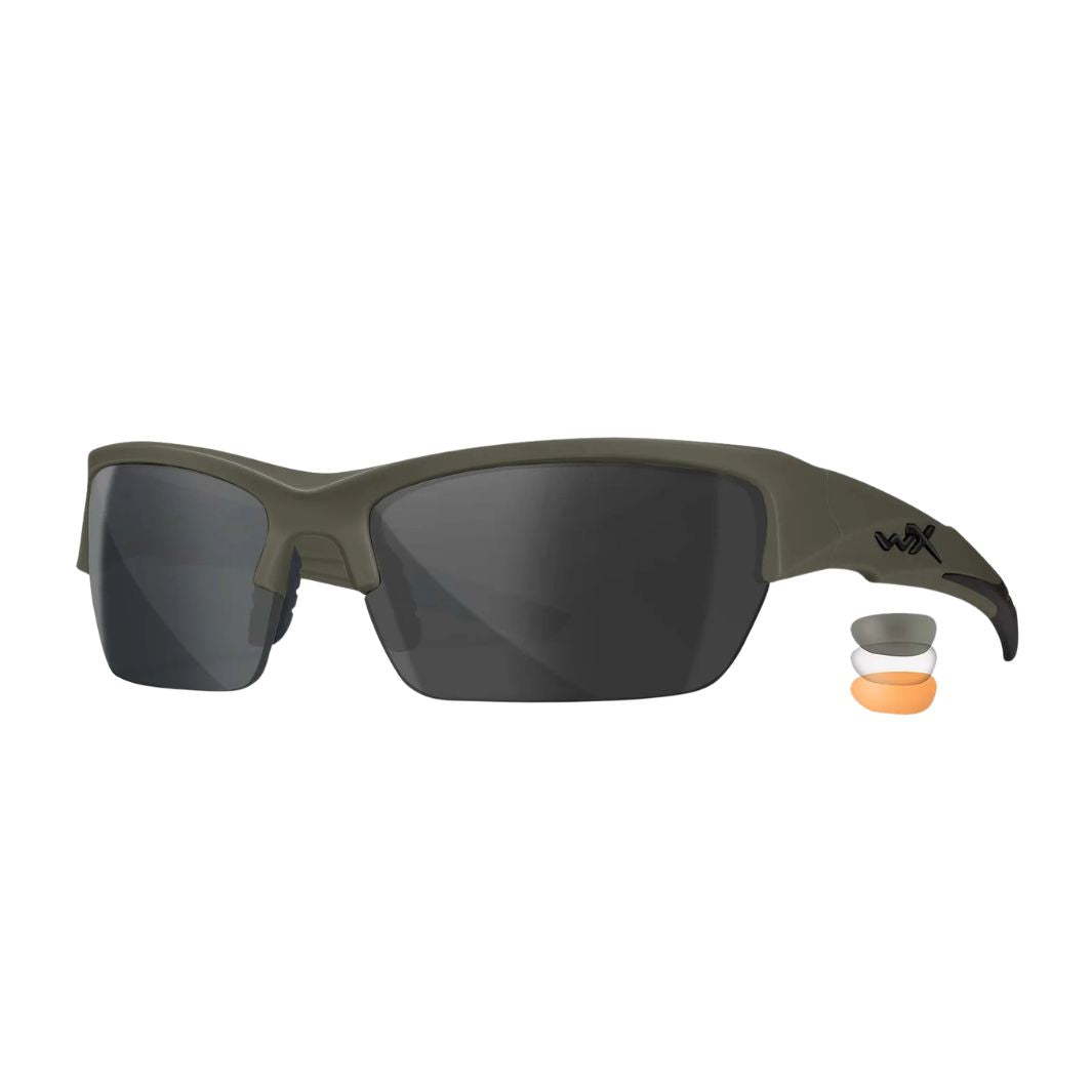 Wiley X Valor CHVAL06G ballistic sunglasses in Matte OD Green with interchangeable Grey, Clear and Light Rust lenses.