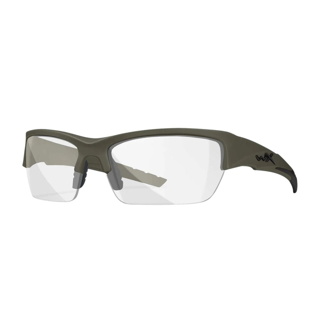 Wiley X Valor ballistic shooting glasses with Clear lenses and Matte OD Green semi-rimless frame, angled view.