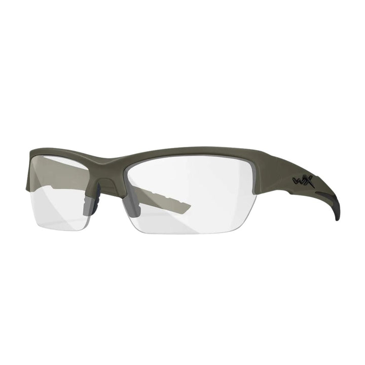 Wiley X Valor ballistic shooting glasses with Clear lenses and Matte OD Green semi-rimless frame, angled view.