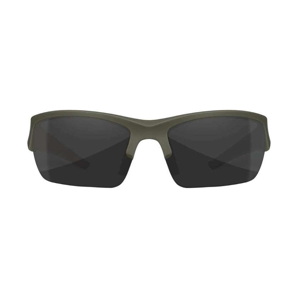 Front view of Wiley X Valor ballistic sunglasses with Grey lenses and Matte OD Green frame.