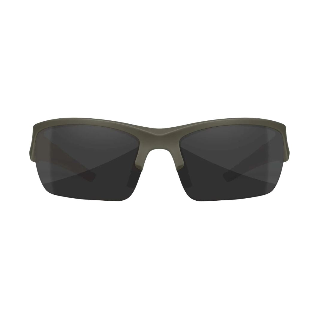 Front view of Wiley X Valor ballistic sunglasses with Grey lenses and Matte OD Green frame.