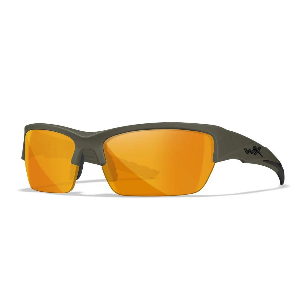 Wiley X Valor tactical protective eyewear with Light Rust contrast-enhancing lenses and Matte OD Green frame.
