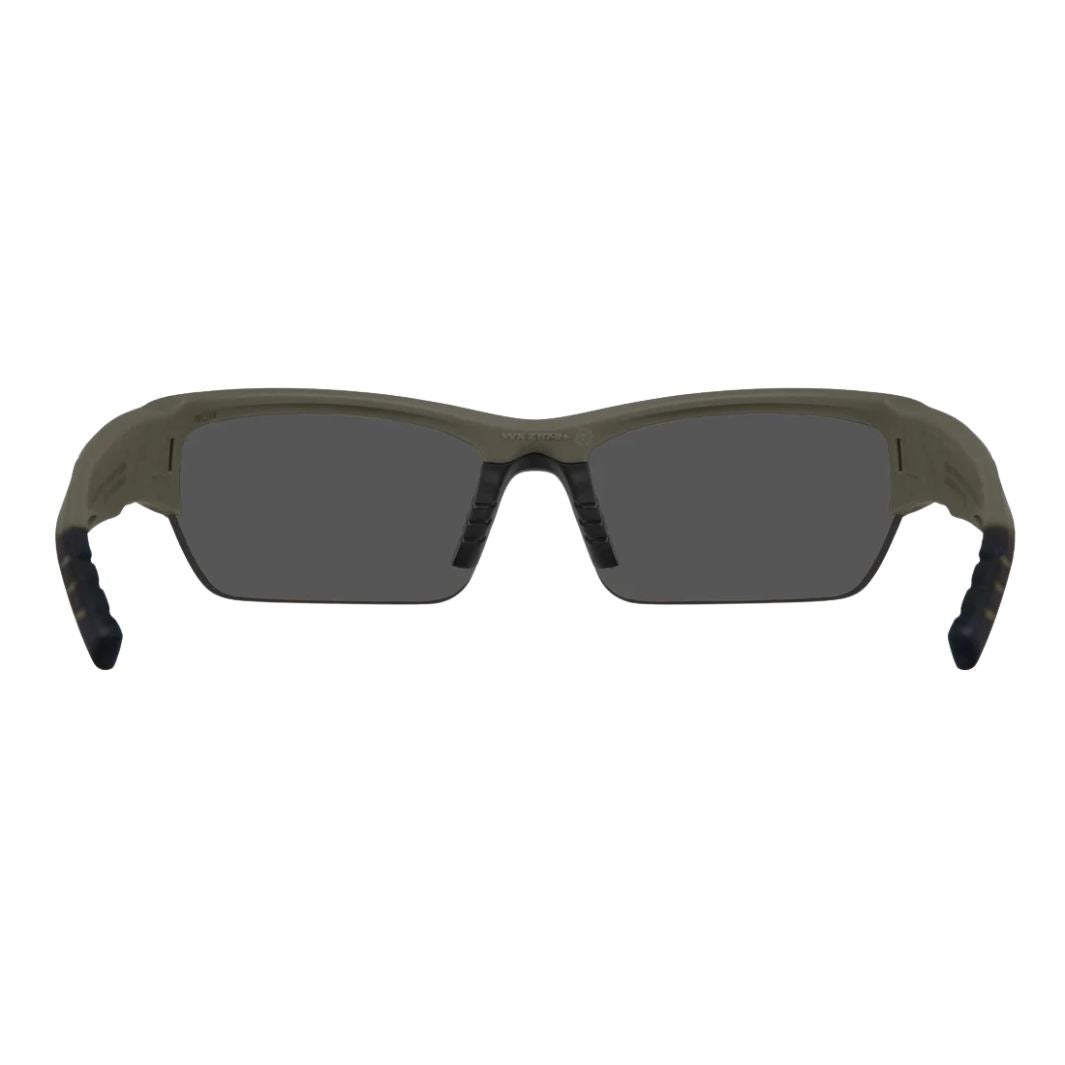 Rear view of Wiley X Valor Matte OD Green shooting glasses showing rubberised nose pads and curved temples.