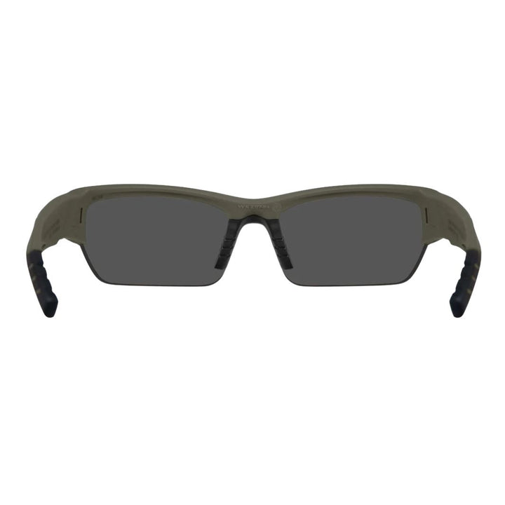 Rear view of Wiley X Valor Matte OD Green shooting glasses showing rubberised nose pads and curved temples.