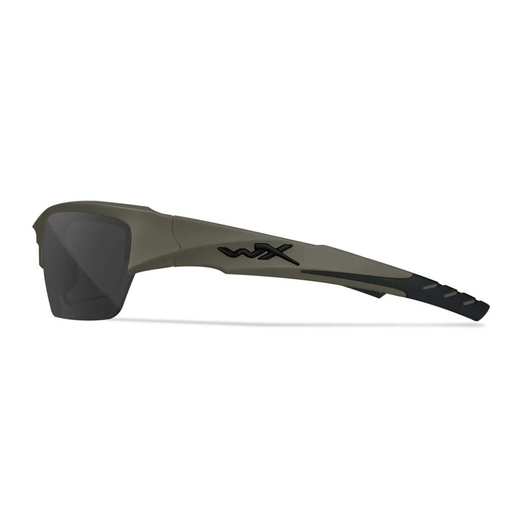 Side profile of Wiley X Valor ballistic eyewear showing Matte OD Green temple, Wiley X logo and rubberised temple tip.
